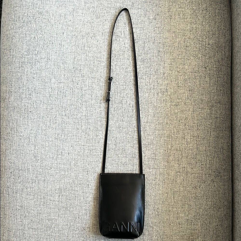 GANNI Black Recycled Leather Phone Bag with Crossbody Strap - Picture 13 of 15